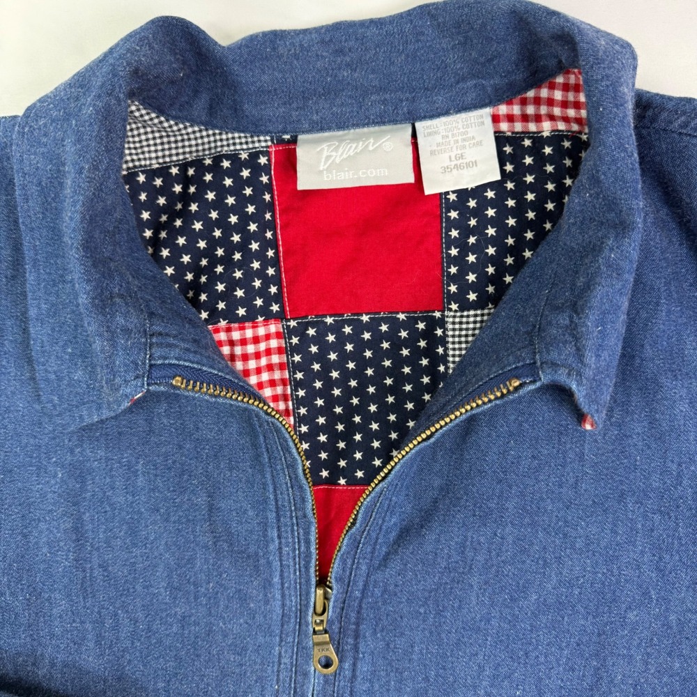 Blair Womens Large Denim Jacket Blue Full Zip Americana Star Patchwork Lining